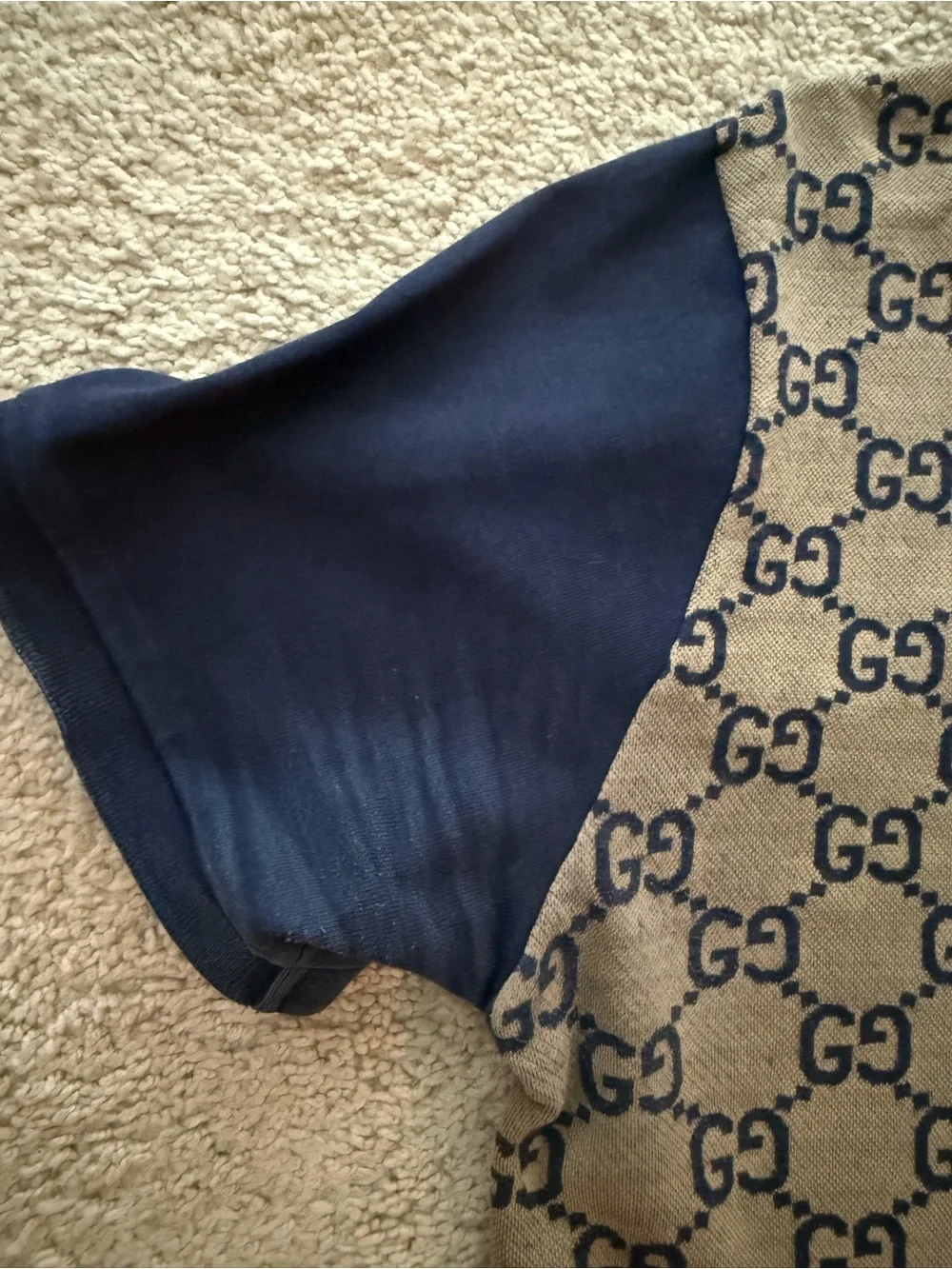 Gucci Beige GG Monogram Polo with Navy Collar & Sleeves